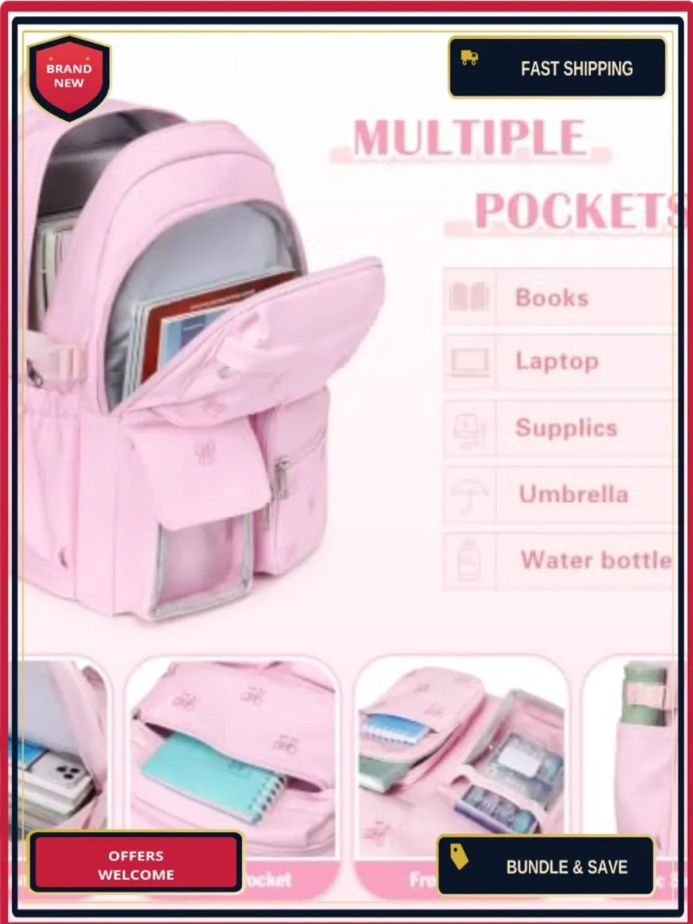 3PC Kids Backpack Set Embroidered Nylon School Bookbag with Lunch Bag Pencil